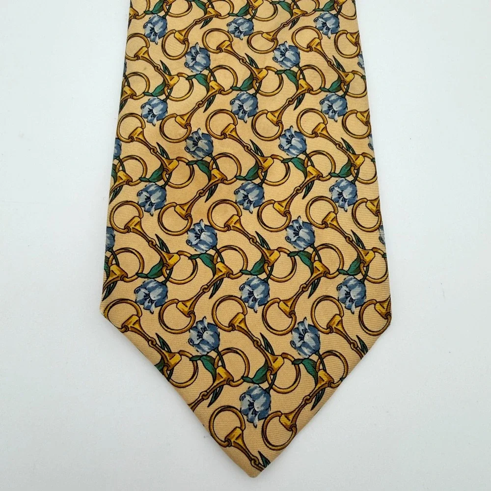 Burberrys London‎ Silk Tie Gold Equestrian Bit Chain Floral Vintage 3.5